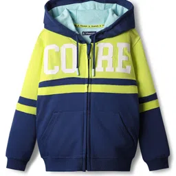 Pine Kids 100% Cotton Full Sleeves Text Printed Hooded SweatJacket With Kangaroo Pockets - Navy Blue & Green-picture-42