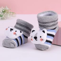 Cute Walk by Babyhug Striped Fabric Socks With Cat Applique - Grey-image-80