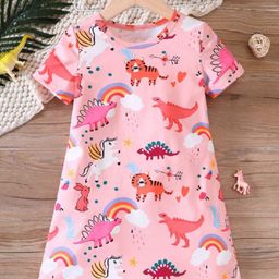 Bolly Lounge Cotton Blend Knit Half Sleeves Dinosaurs Printed Night Dress - Pink-image-42