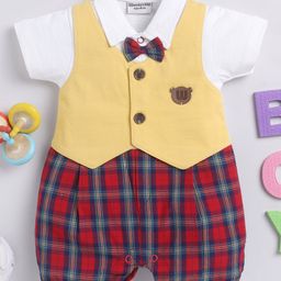 Wonderchild Half Sleeves Bow Applique Detailed & Checked Attached Waistcoat Romper - Mustard & Red-image-28