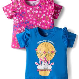 Doodle Poodle 100% Cotton Knit Half Sleeves Tops with Floral & Bunny Print Pack of 2 - Dark Pink & Blue-picture-12