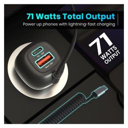Portronics 71W Car Power 1C Triple Output Fast Car Charger with 33W Type-C Cable, 20W Type-C PD, 18W USB Port, Fast Charging Adapter Compatible with Cars for iPhone & Android Smartphone (Black) image 2