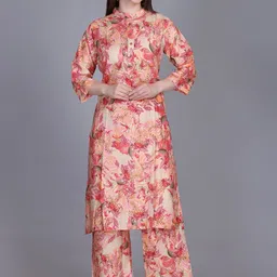FIRST SLEEP Floral Printed Mandarin Collar Pure Cotton Straight Kurta With Palazzos-picture-19