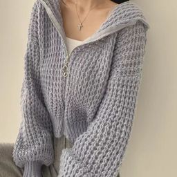 HERE&NOW Women Crop Cardigan with Zip Detail Detail-image-80