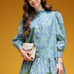 HERE&NOW Printed Puff Sleeves Cotton Drop-Waist Dress-image-56