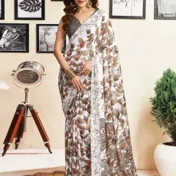 Satrani Brown & White Printed Saree With Unstitched Blouse-image-40