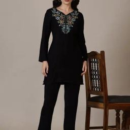 AURELIA Black Viscose Blend Embroidered Kurti-picture-18