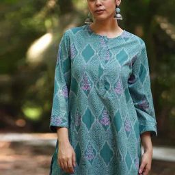 Chidiyaa Teal Pure Cotton Regular Fit Block Print Kurta-picture-35