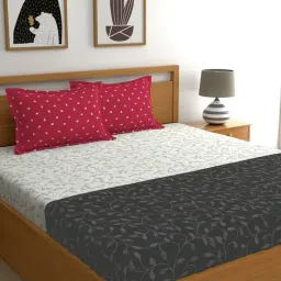 My Room Floral Black & White 140 TC Cotton Queen Bed Sheet with 2 Pillow Covers-45