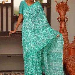 Unnati Silks Green Cotton Printed Saree With Unstitched Blouse-image-93