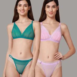 AROUSY Green & Pink Self Pattern Bra Panty Set - Pack Of 2-image-53