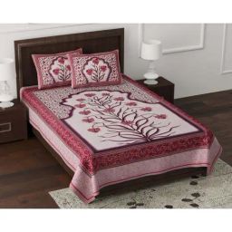 JaipurFabric Pink Pure Cotton 180 TC Aquatic Plant Single Bedsheet with 2 Pillow Covers-image-93