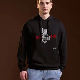 The Bear House Black Relaxed Fit Printed Hoodie-16