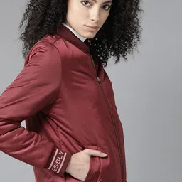 Roadster Women Maroon Solid Bomber Jacket-image-56