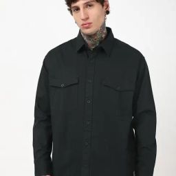 Bewakoof Black Cotton Relaxed Fit Solid Cargo Shirt-image-59