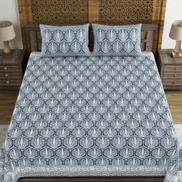 BLOCKS OF INDIA Blue & White Ethnic Motifs 210 TC King Bedsheet with 2 Pillow Covers-image-65