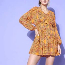 Inweave Yellow Printed A-Line Dress-image-7