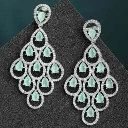 Zeneme Rhodium Plated Pink American Diamond Studded Contemporary Chandelier Earrings-image-14