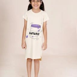 Kiddopanti Girls Beige Cotton Printed Night Dress-image-49