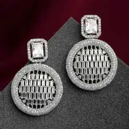 Zeneme Rhodium Plated Silver Toned White AD Geometric Drop Earrings-48