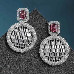 Zeneme Rhodium Plated Silver Toned Green AD Geometric Drop Earrings-22