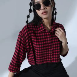 Hubberholme Black & Red Cotton Checks Crop Shirt-picture-19