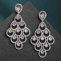 Zeneme Rhodium Plated Pink American Diamond Studded Contemporary Chandelier Earrings-32