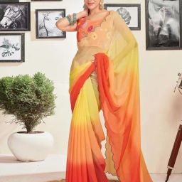 Satrani Yellow & Orange Ombre Saree With Unstitched Blouse-image-49
