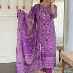 CaniBani Bandhani Printed Keyhole Neck Mirror Work Straight Kurta with Trousers & Dupatta image 4