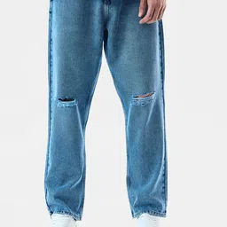 Snitch Men Baggy Fit Mid-Rise Low Distressed Ripped Light Fade Pure Cotton Jeans-image-74