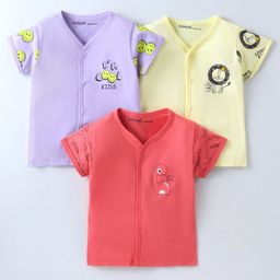 Doreme Single Jersey Half Sleeves Vest With Animals & Text Print Pack Of 3 - Coral Rose Opera Mouve & Misty Yellow-18