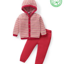 Babyhug Knitted Full Sleeves Striped Hooded Sweater Set - Red-image-38