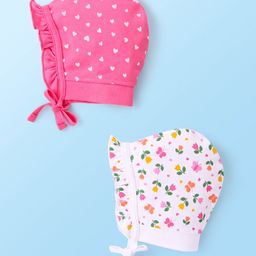 Babyhug 100% Cotton Interlock Knit Caps With Hearts & Floral Print Pack of 2 - Pink & White-image-80