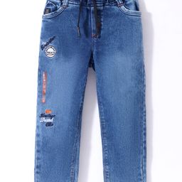 Olio Kids Denim Woven Solid Dyed Full Length Jeans with Text Embroidery - Light Blue-image-34