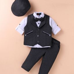Robo Fry Lycra Knit Full Sleeves Solid Colour Textured 3 Piece Party Suit Hat & Bow - Black-picture-15