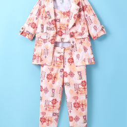 Enfance Full Sleeves Abstract Printed Jacket With Coordinating Crop Top & Pant Set - Peach-image-11