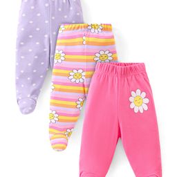 Babyhug Cotton Knit Floral & Polka Dots Printed Footed Leggings Pack of 3 - Purple Pink & Dark Pink-image-39
