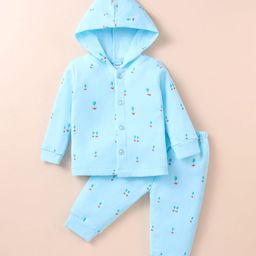 TANGO Fleece Knit Full Sleeves Hooded Night Suit With Floral Print - Light Blue-image-84