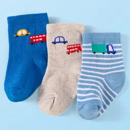 Cute Walk by Babyhug Knit Ankle Length Socks With Vehicle Design Pack of 3 - Blue & Grey-picture-31