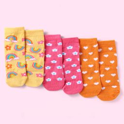 Cute Walk By Babyhug Anti- Bacterial Ankle Length Socks With Floral & Heart Design Pack of 3 - Dark Pink Orange & Yellow-image-47