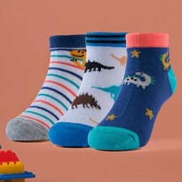 Yellow Bee Cotton Pack Of 3 Dinosaur Designed & Striped Socks - Multi Colour-16