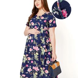 Bella Mama Women Short Sleeves Maternity Dress With Pocket & Flower Print - Navy Blue-image-87