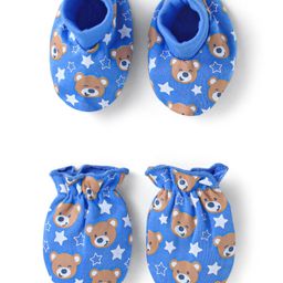 Babyhug 100% Cotton Knit Mittens & Booties Set with Bear Print - Blue-image-73