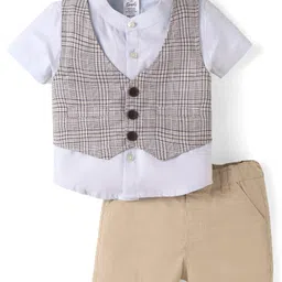 Simply Premium Cotton Woven Half Sleeves Shirt & Shorts Set With Checks Waist Coat - White & Khaki-picture-14