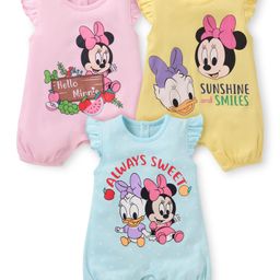 Babyhug Disney Interlock Knit Fill Sleeves Rompers with Minnie Mouse Graphics Pack of 3 - Yellow Pink & Light Blue-image-91
