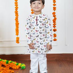 Polka Tots Cotton Full Sleeves Animals Printed Kurta Pyjama Set - Off White-image-31