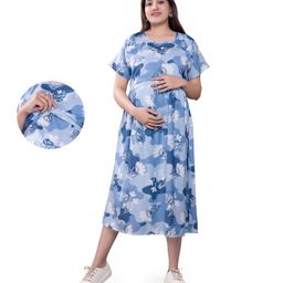 Mamma's Maternity Rayon Short Sleeves Floral & Campflauge Printed Maternity Dress With Nursing Access - Sky Blue-image-52