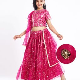 Pine Kids Woven Half Sleeves Lehenga Choli Set with Dupatta & Floral Design Embroidery & Lace Detailing -Dark Pink-image-94