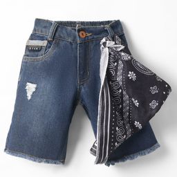 Little Kangaroos Washed Distressed Denim Shorts with Scarf - Navy Blue-image-26