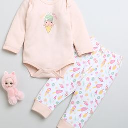 BUMZEE Cotton Knit Full Sleeves Ice Cream Printed Onesie & Pajama Set - Peach & White-21